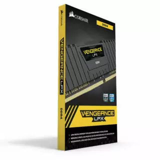 Packaging mémoire RAM Corsair Vengeance LPX DDR4 noir et jaune.