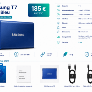 SSD externe Samsung T7 1 To bleu, prix et détails.