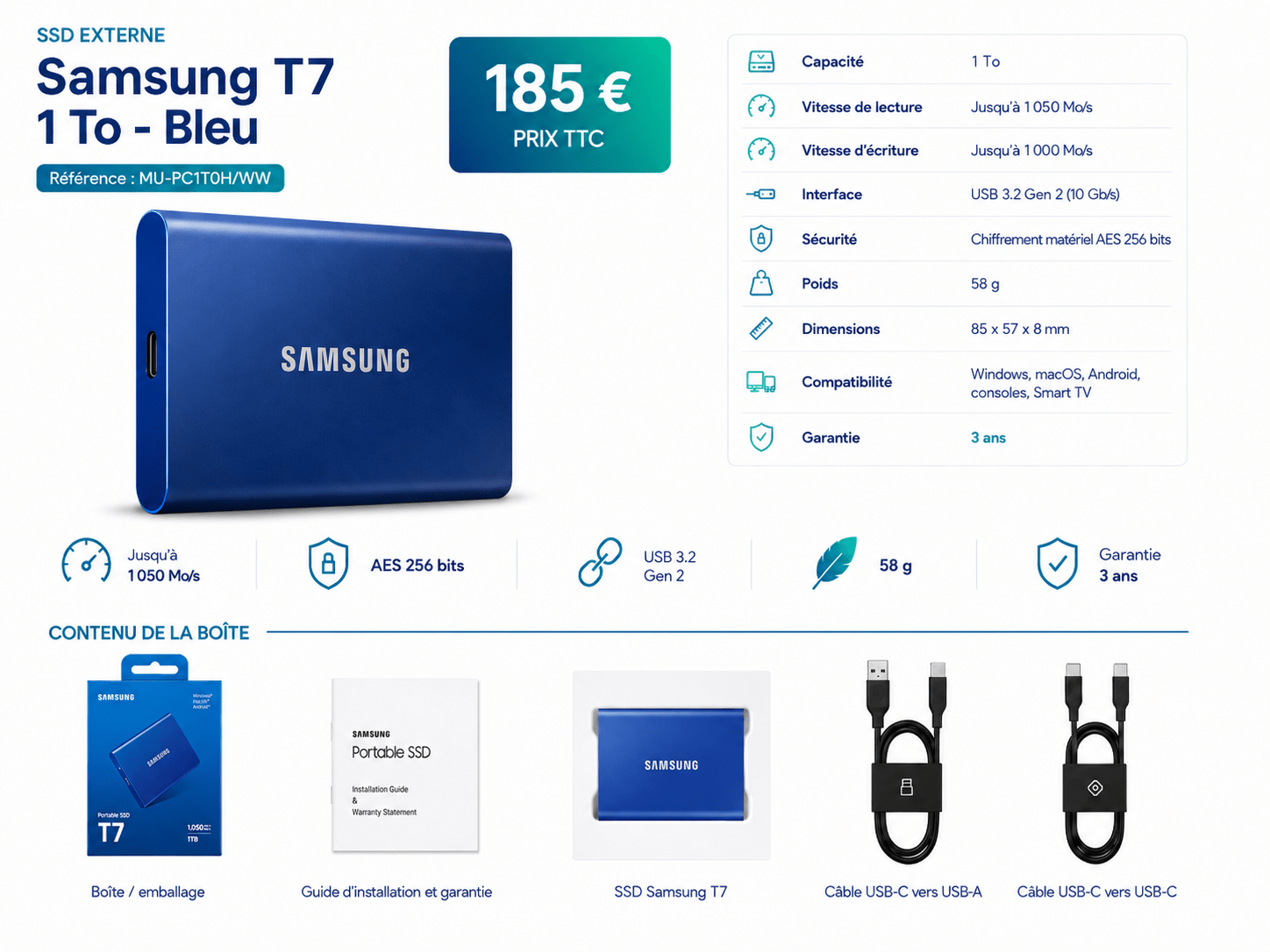 SSD externe Samsung T7 1 To bleu, prix et détails.